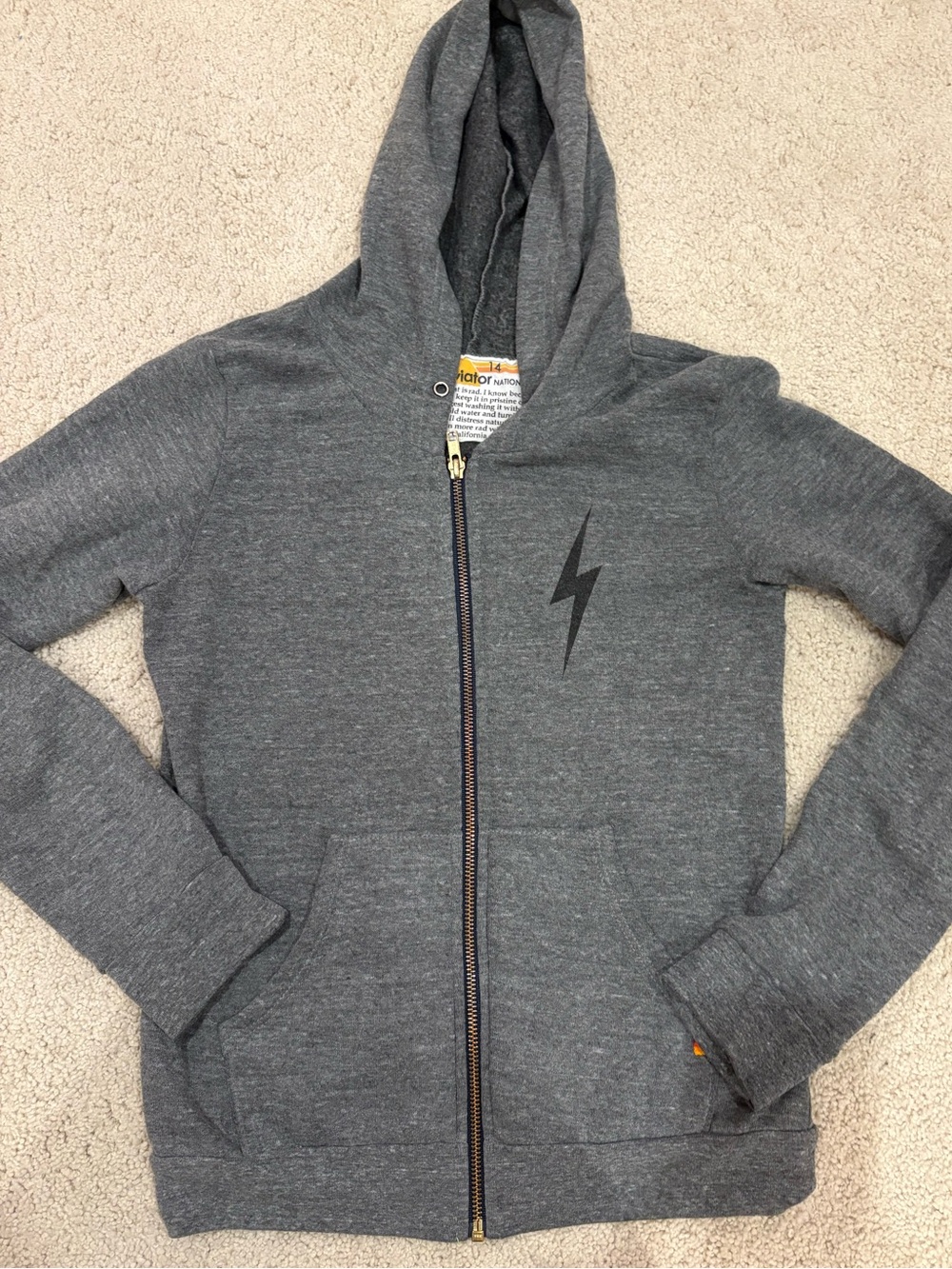 Aviator Nation Gray Hoodie with Black Lightening Bolt, Kids Size 14